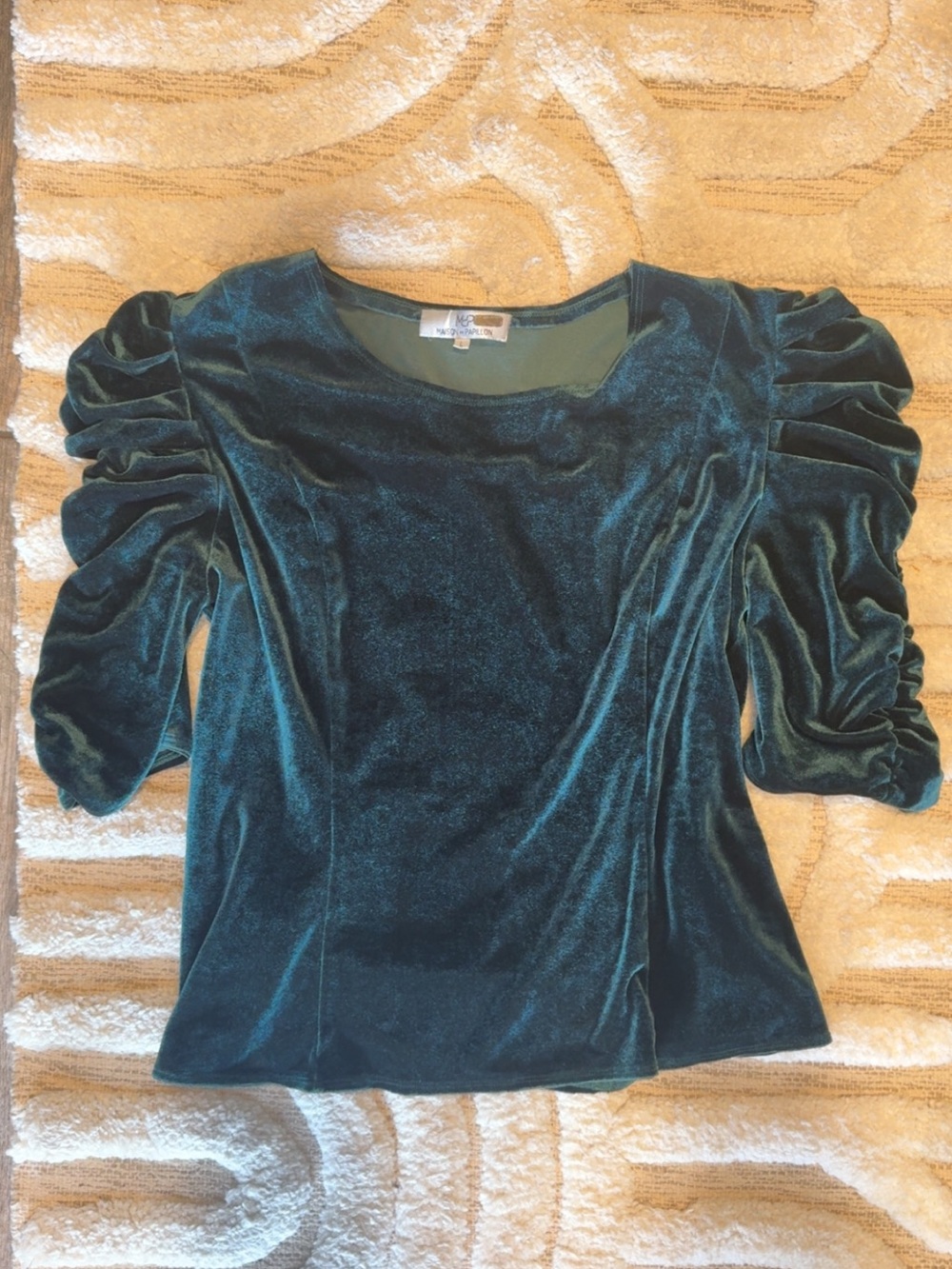 Velvet Ruched Sleeve Top - Forest Green